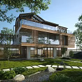 Modern Single Family Villa With Glass Curtain Walls Wooden Accents Unique Roof And Courtyard Greenery