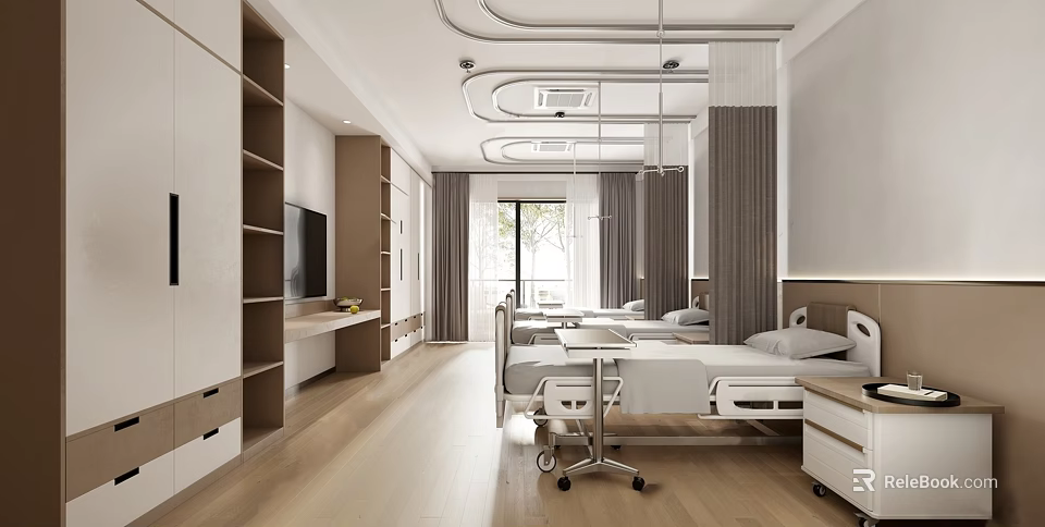 Modern Hospital Ward Room with Beds Bedside Tables Windows Storage Cabinets TV and Wooden Flooring 3d model 