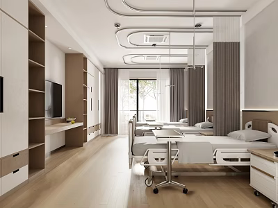 Modern Hospital Ward Room with Beds Bedside Tables Windows Storage Cabinets TV and Wooden Flooring 3d model
