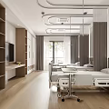 Modern Hospital Ward Room with Beds Bedside Tables Windows Storage Cabinets TV and Wooden Flooring