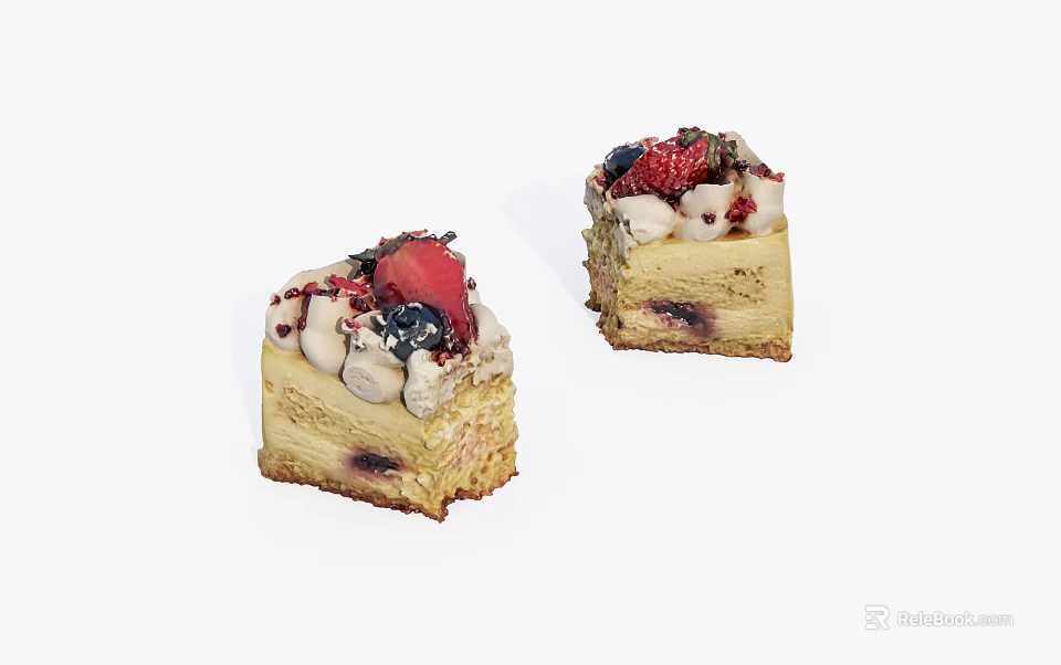 Two Delicious Layered Cake Slices Topped With Fresh Strawberries Berries And Cream Dots 3d model 