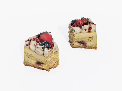 Two Delicious Layered Cake Slices Topped With Fresh Strawberries Berries And Cream Dots 3d model