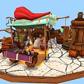 Cartoon Market Stall With Big Red Chili Pepper Striped Awning Jars Wooden Barrels And Spices