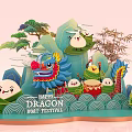 Happy Dragon Boat Festival Decorative Scene With Dragon Boat Rice Dumplings And Mountains