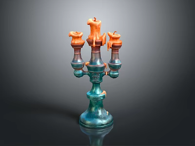 Artistic Ceramic Candelabra Featuring Three Orange Dripping Candles And Blue Base 3d model