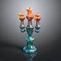 Artistic Ceramic Candelabra Featuring Three Orange Dripping Candles And Blue Base