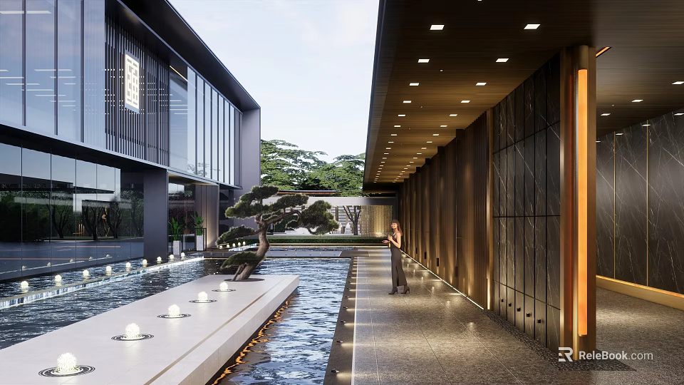 Modern Entrance Gate Architecture With Water Feature Lighting And Pine Tree Walkway 3d model