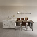 Modern Dining Table Set With Wooden Table Matching Chairs Marble Island And Pendant Lights