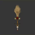 Unique Broom Bird Head Red Hat Red Handbag Golden Legs Yellow Object With Golden Reflection