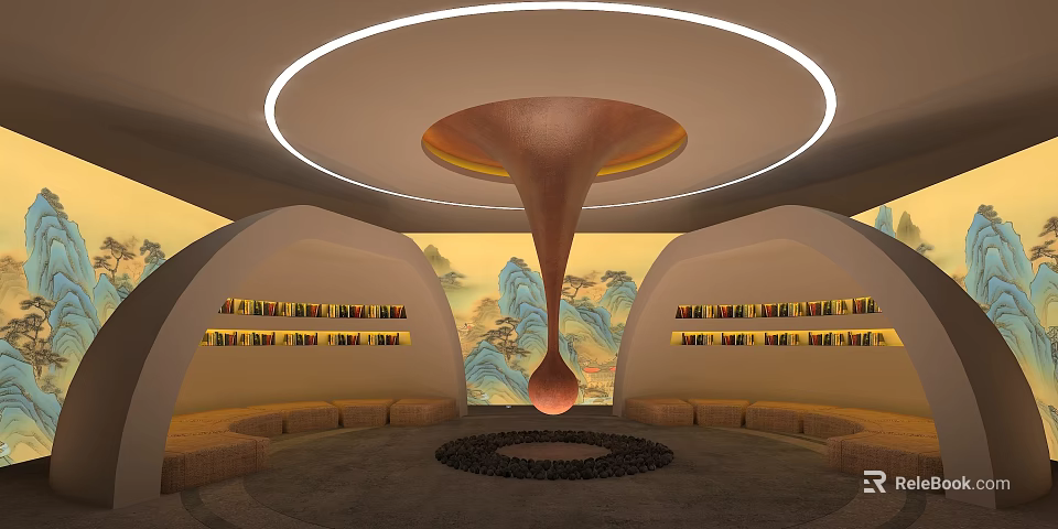 Serene Modern Lounge Interior With Circular Ceiling Light Arched Bookshelves And Landscape Art 3d model 