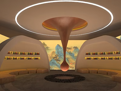 Serene Modern Lounge Interior With Circular Ceiling Light Arched Bookshelves And Landscape Art 3d model