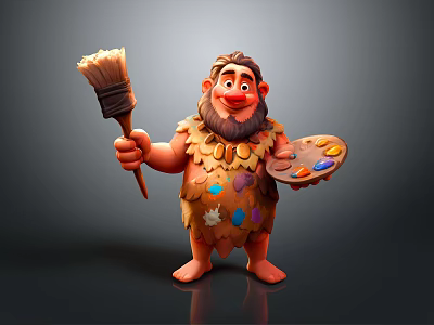Cartoon Caveman Character In Fur Clothing Holding Paintbrush And Palette With Paint Splatters 3d model