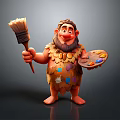 Cartoon Caveman Character In Fur Clothing Holding Paintbrush And Palette With Paint Splatters