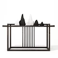 Dark Wooden Console Table With Slatted Design And Mountain Shaped Ornaments 3d model