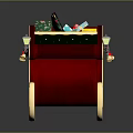 Festive Red Christmas Sleigh Decorated With Gold Patterns Green Cushion And Gifts