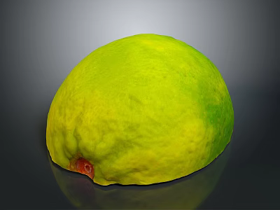 Fresh Green Yellow Pomelo With Textured Skin And Red Stem On Dark Background 3d model