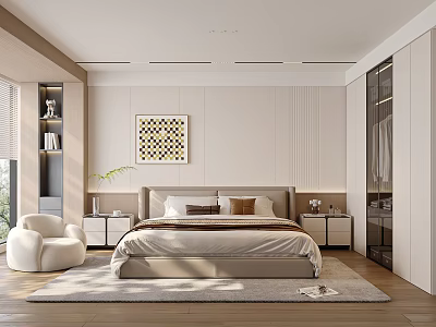 Modern Bedroom Interior With Bed Nightstands Rug Armchair Wardrobe And Decorative Painting 3d model