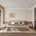 Modern Bedroom Interior With Bed Nightstands Rug Armchair Wardrobe And Decorative Painting