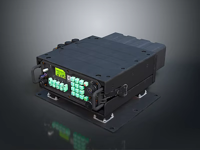 Black Industrial Electronic Device Mounted On Platform With Green Interface Ports And Digital 3d model