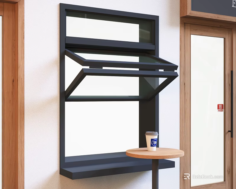 Black Open Window With Small Round Table Below Holding Paper Cup And Wooden Door Nearby 3d model 