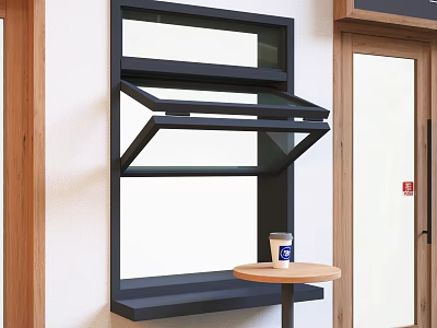 Black Open Window With Small Round Table Below Holding Paper Cup And Wooden Door Nearby 3d model