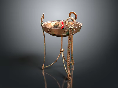 Vintage Copper Decorative Bowl With Tripod Stand And Ornamental Design For Home Use 3d model
