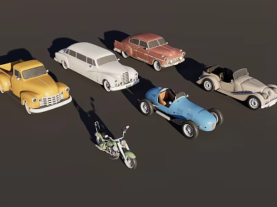 Vintage Classic Cars Collection With Various Retro Models And Motorcycle 3d model