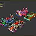 Three Red And Black Toy Cars With Open Hoods Displaying Engine Details