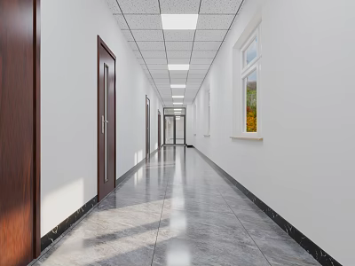 Modern Office Corridor Interior With White Walls Wooden Doors Windows And Polished Flooring 3d model