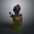 Vintage Green Weapon Canister With Rusted Patina And Red Nozzle Design