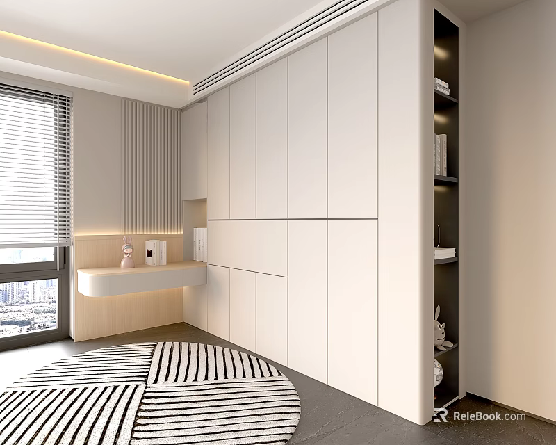 Modern White Wardrobe Interior Design With Open Shelves Paneled Doors And Built-in Countertop 3d model 