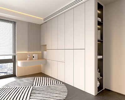 Modern White Wardrobe Interior Design With Open Shelves Paneled Doors And Built-in Countertop 3d model
