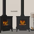 Two Black Freestanding Fireplaces With Burning Flames And Fireplace Tools Set 3d model