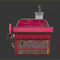 Cartoon Scene of Pink Building with Red Roof Chimney Circular Sign and Window Flower Pots