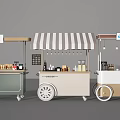 Mobile Food Carts with Striped Awning Wheels and Chicken Coffee Craft Tea Displays
