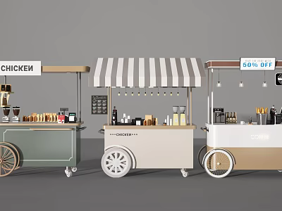 Mobile Food Carts with Striped Awning Wheels and Chicken Coffee Craft Tea Displays 3d model