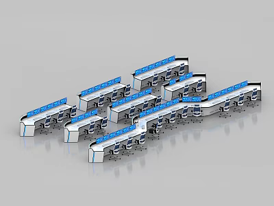 Control Room Setup with Multiple Control Desks and Blue Screens Arranged in Rows 3d model