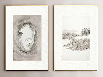 Traditional Chinese Ink Paintings Framed With Circular Composition Mountain Boat And Landscape Trees 3d model