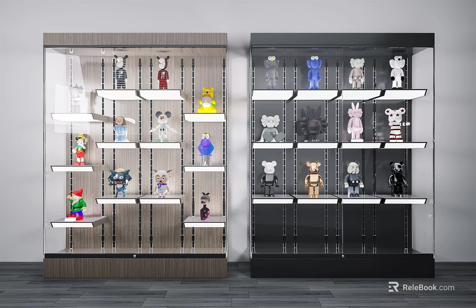 Modern Black And Wooden Display Cabinets With Glass Doors Holding Toy Figures And Collectibles 3d model 