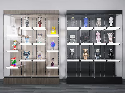 Modern Black And Wooden Display Cabinets With Glass Doors Holding Toy Figures And Collectibles 3d model