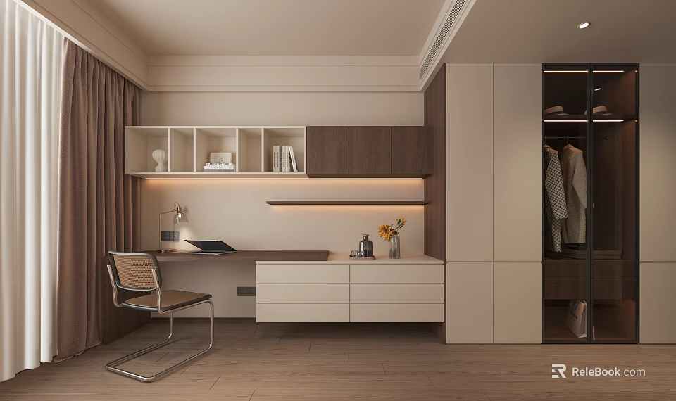 Elegant Modern Desk With Bookshelf Table Lamp Vase Drawers And Beige Curtains On Wooden Floor 3d model 