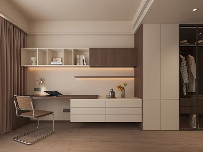Elegant Modern Desk With Bookshelf Table Lamp Vase Drawers And Beige Curtains On Wooden Floor 3d model