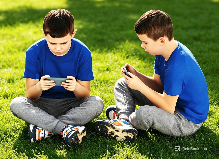 Two Boys Sitting On Grass Playing With Phones Wearing Blue T Shirts And Gray Pants 3d model 