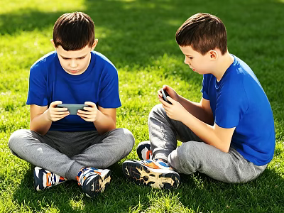 Two Boys Sitting On Grass Playing With Phones Wearing Blue T Shirts And Gray Pants 3d model