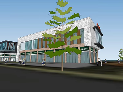 Modern Commercial Street With Glass Facades Storefronts Green Trees And Pedestrian Area 3d model
