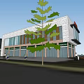 Modern Commercial Street With Glass Facades Storefronts Green Trees And Pedestrian Area