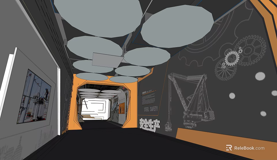 Industrial Corridor Interior With Gray Circular Ceiling Black Walls Orange Frames And Mechanical Drawings 3d model 