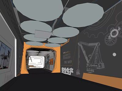 Industrial Corridor Interior With Gray Circular Ceiling Black Walls Orange Frames And Mechanical Drawings 3d model
