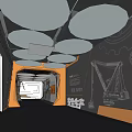 Industrial Corridor Interior With Gray Circular Ceiling Black Walls Orange Frames And Mechanical Drawings