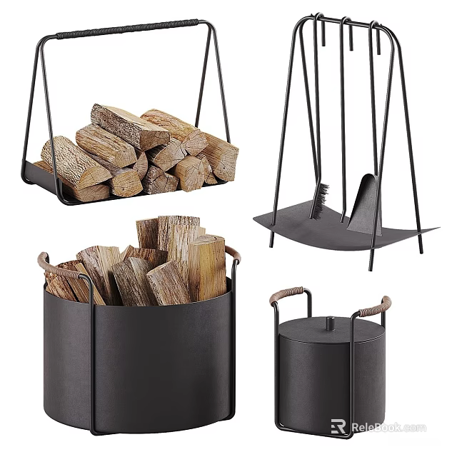 Modern Fireplace Tools Set With Hanging Firewood Rack And Storage Basket 3d model 